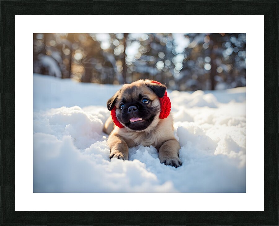 Content Pug Puppy Resting After Snow Day Adventure Picture Frame print