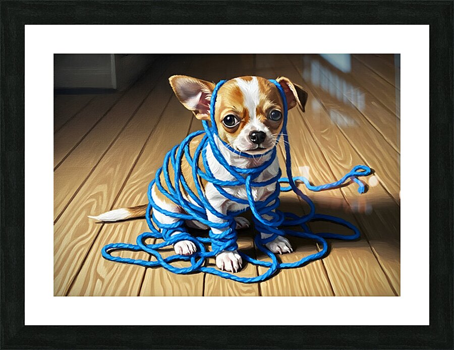 Guilty Chihuahua Puppy With Destroyed Yarn Picture Frame print