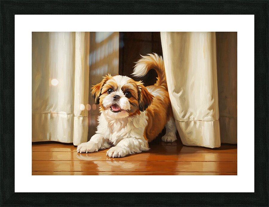 Happy Shih Tzu Puppy Ready To Play In Living Room Picture Frame print