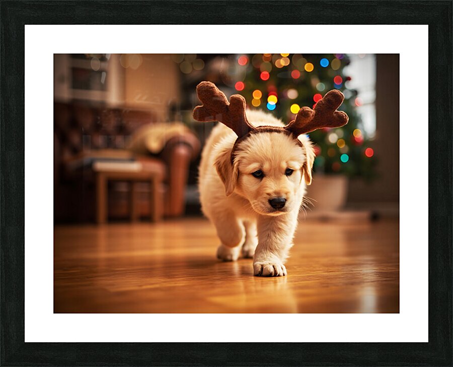 Confused Labrador Puppy With Reindeer Antlers Indoors Picture Frame print