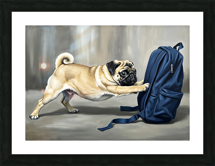 Pug Puppy Discovers Big Blue Backpack Picture Frame print