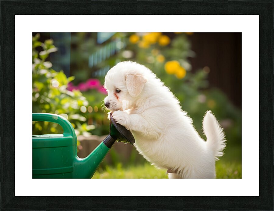 Curious Bichon Frise Puppy Discovers Garden Watering Can Picture Frame print