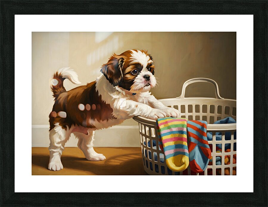 Shih Tzu Puppy Spots Tempting Sock In Laundry Basket Picture Frame print