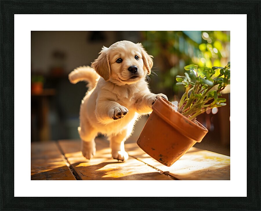 Golden Retriever Puppy Reaches For Plant Pot Picture Frame print