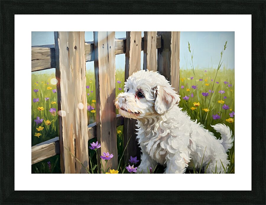 Bichon Frise Puppy Discovers The Park Fence Picture Frame print