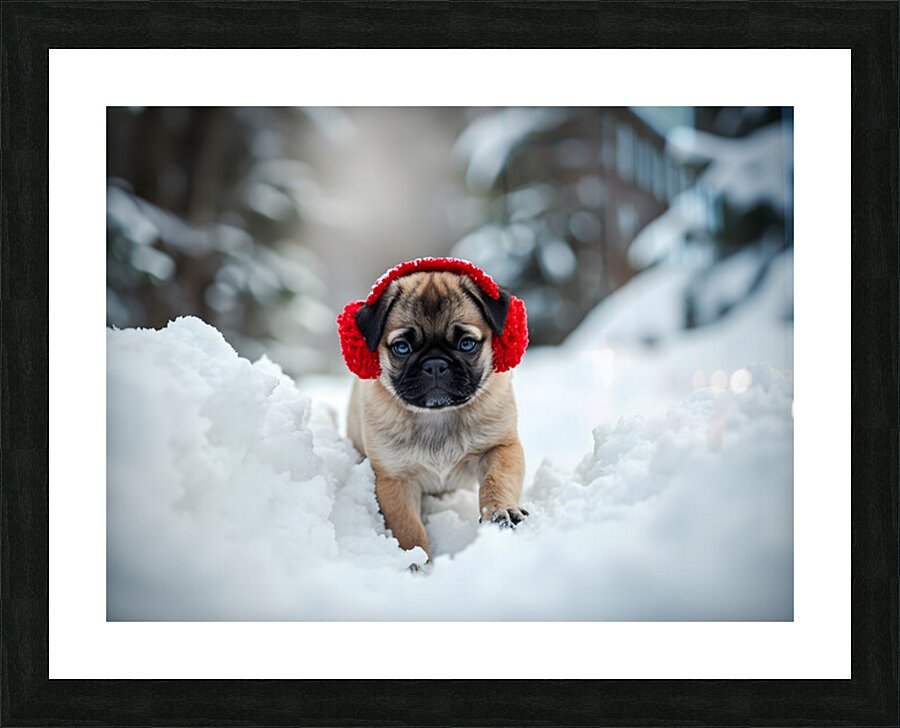 Pug Puppys First Snow Adventure With Red Earmuffs Picture Frame print