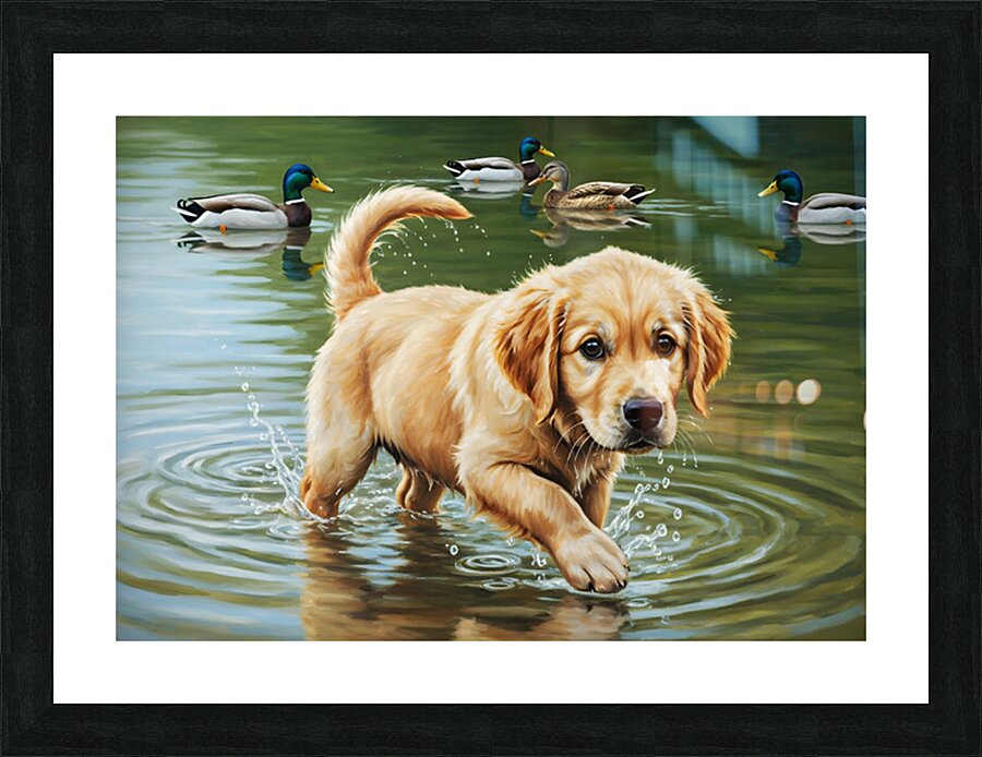 Happy Golden Retriever Puppy Plays With New Duck Friends At Pond Picture Frame print