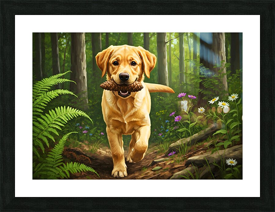 Happy Puppy Rests With Pinecone In Forest Shade Picture Frame print