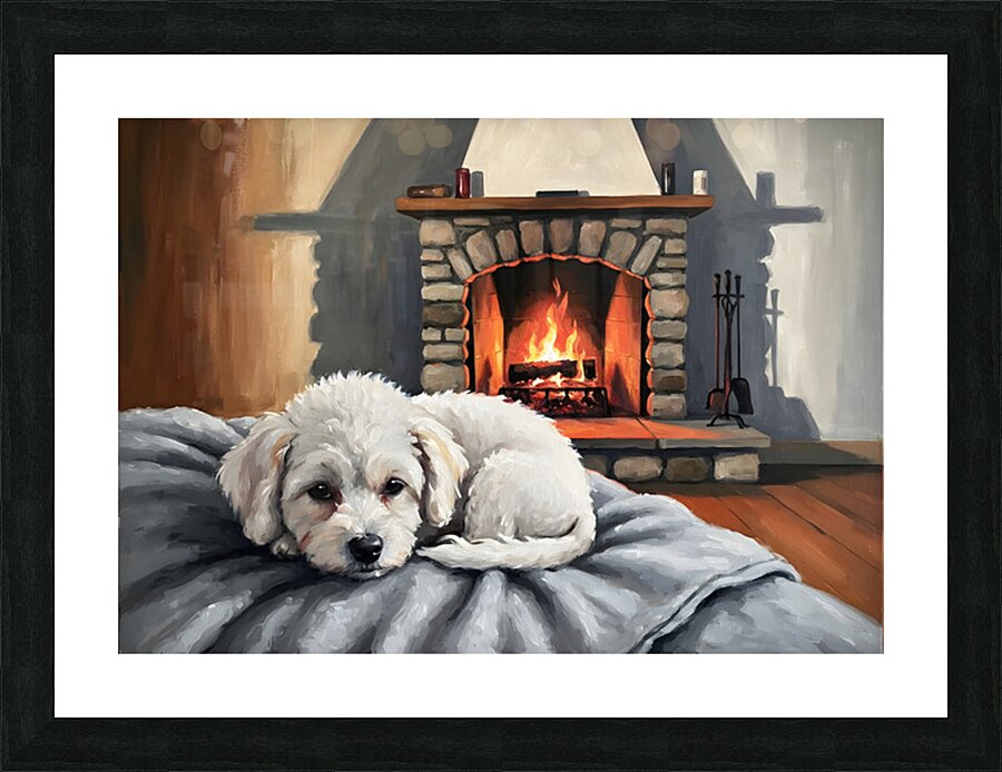 Bichon Frise Puppy Dreams By The Fireplace Picture Frame print
