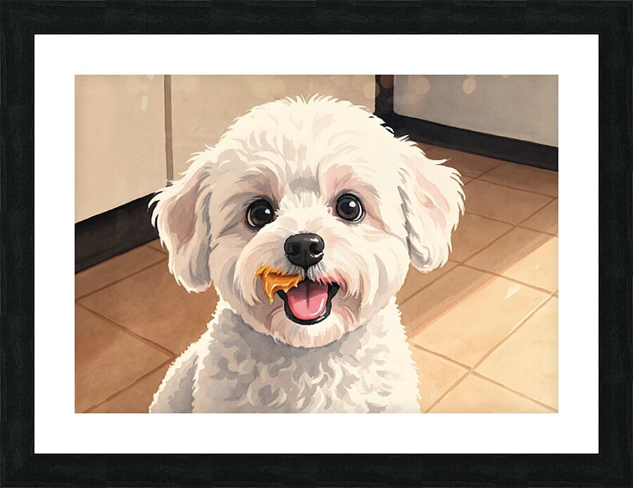 Happy Bichon Frise Puppy After Peanut Butter Treat Picture Frame print