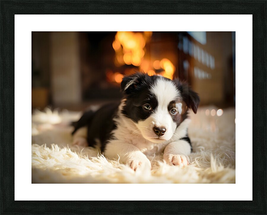 Border Collie Puppy Discovers The Warm Fireplace Picture Frame print