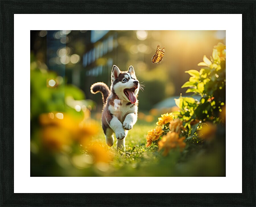 Husky Puppy Spots A Beautiful Butterfly In Garden Picture Frame print