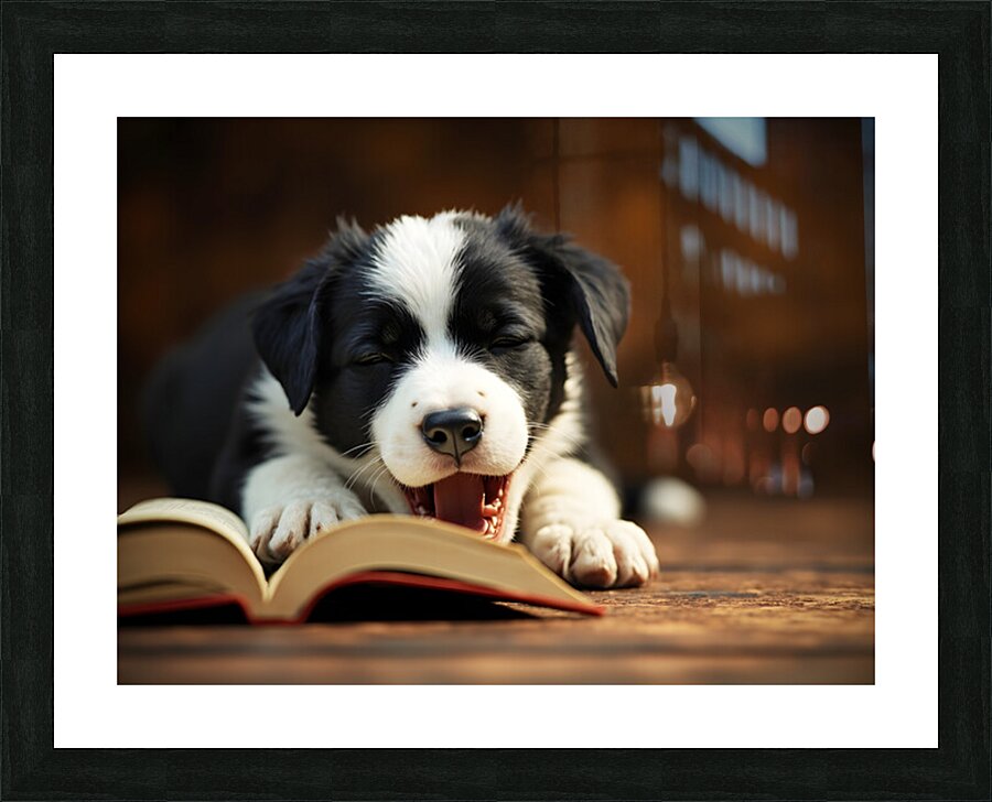 Sleepy Border Collie Puppy Naps On Open Book Picture Frame print