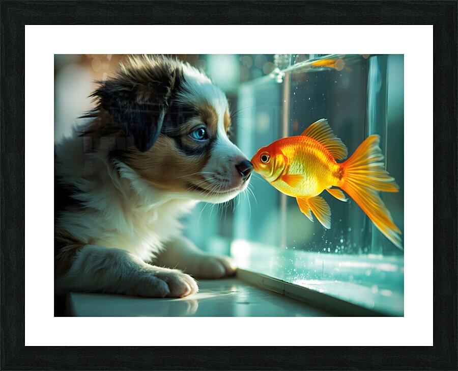 Australian Shepherd Puppy Discovers Amazing Fish Tank Picture Frame print