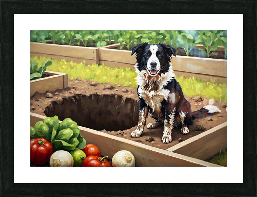 Guilty Border Collie Puppy Realizes Garden Mess Picture Frame print