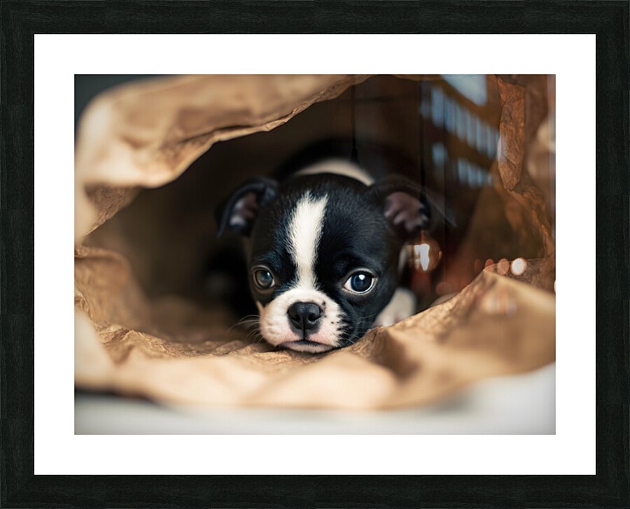 Boston Terrier Puppy Discovers Mysterious Shopping Bag Picture Frame print