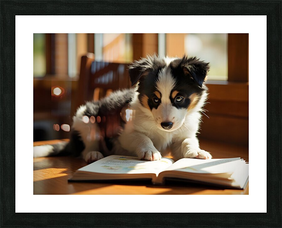 Playful Border Collie Puppy Interacts With Book Pages Picture Frame print