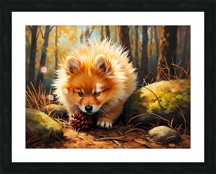 Pomeranian Puppy Discovers Pinecone In Forest Picture Frame print