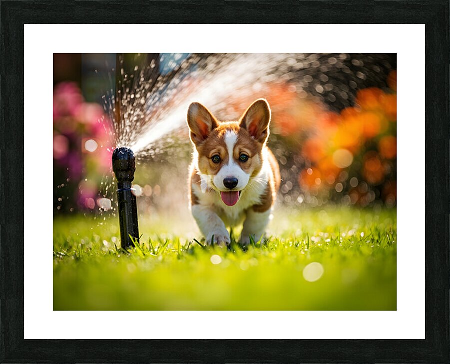Happy Corgi Puppy Rests After Sprinkler Adventure Picture Frame print