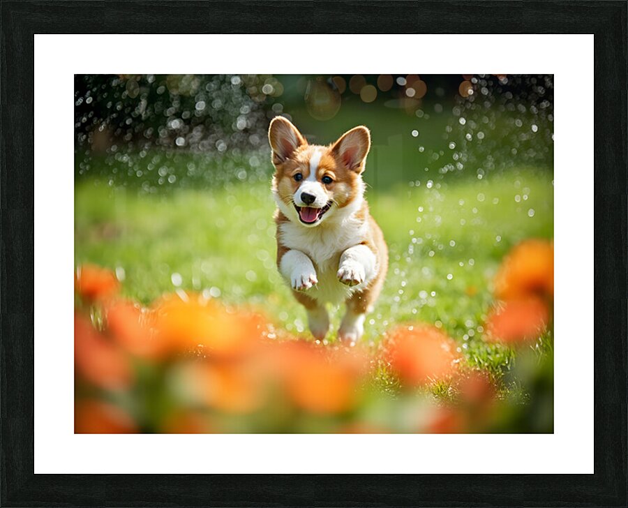 Corgi Puppy Discovers The Magical Water Fountain Picture Frame print