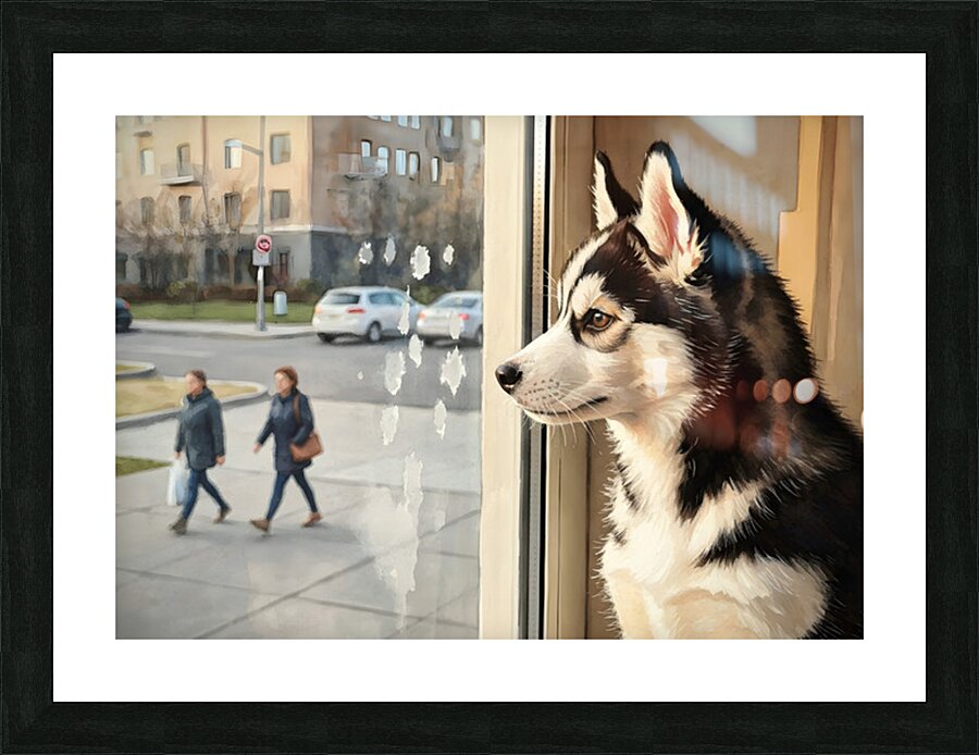 Husky Puppy Discovers City Life From Window Perch Picture Frame print