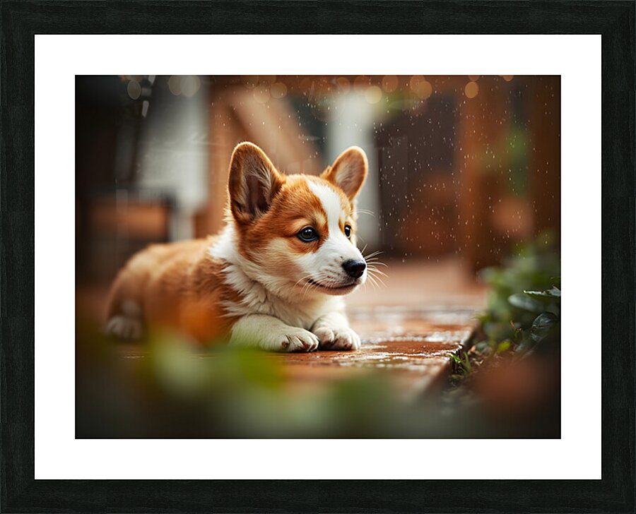 Corgi Puppy Takes Shelter From Heavy Rain Picture Frame print