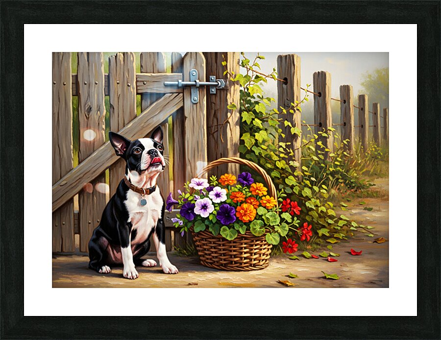 Boston Terrier Puppy Delivers Flowers To Loving Hands Picture Frame print