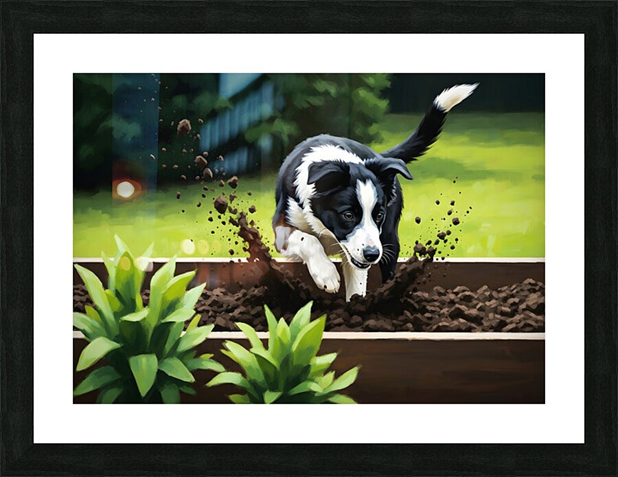 Border Collie Puppy Discovers Garden Bed Picture Frame print