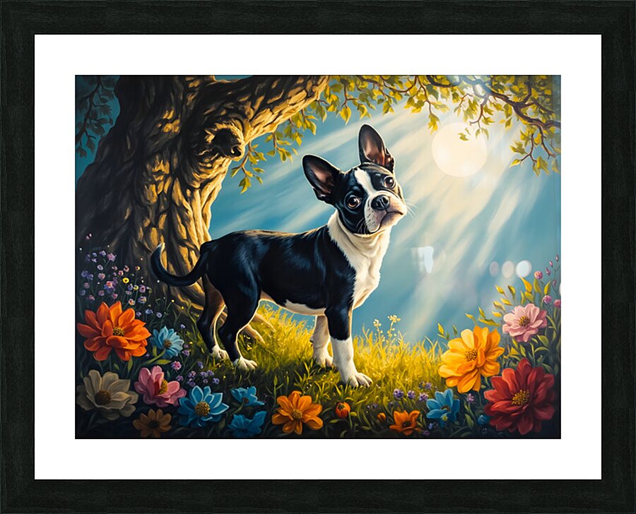 Sleepy Boston Terrier Puppy Rests After Shadow Adventure Picture Frame print