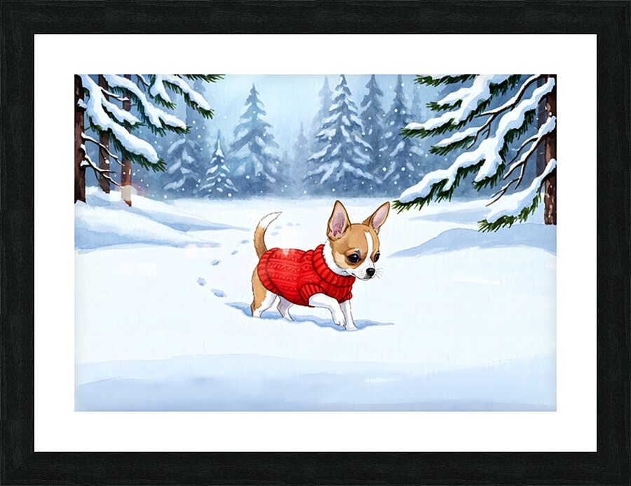 Chihuahua Puppys First Winter Day In Red Sweater Picture Frame print