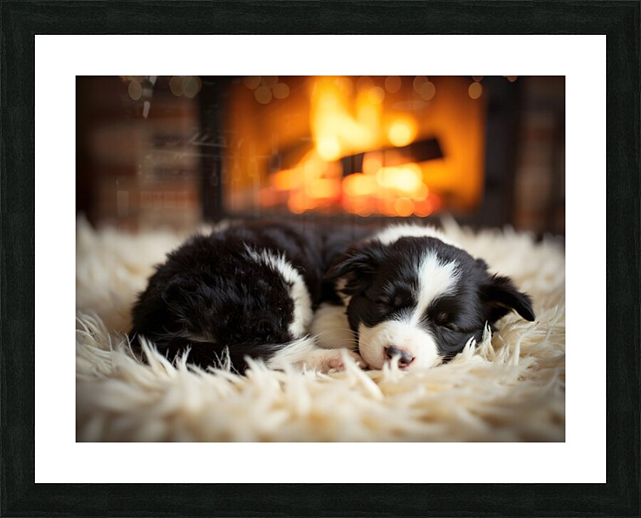 Happy Border Collie Puppy Enjoys Perfect Evening By The Fire Picture Frame print