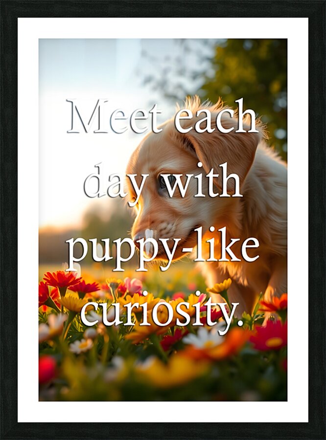 Puppy Curiosity: Golden Retriever Explores Morning Flowers Picture Frame print