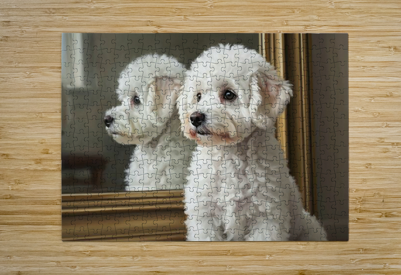 White Bichon Frise Puppy Contemplates Its Reflection Puppy Prints Puzzle printing