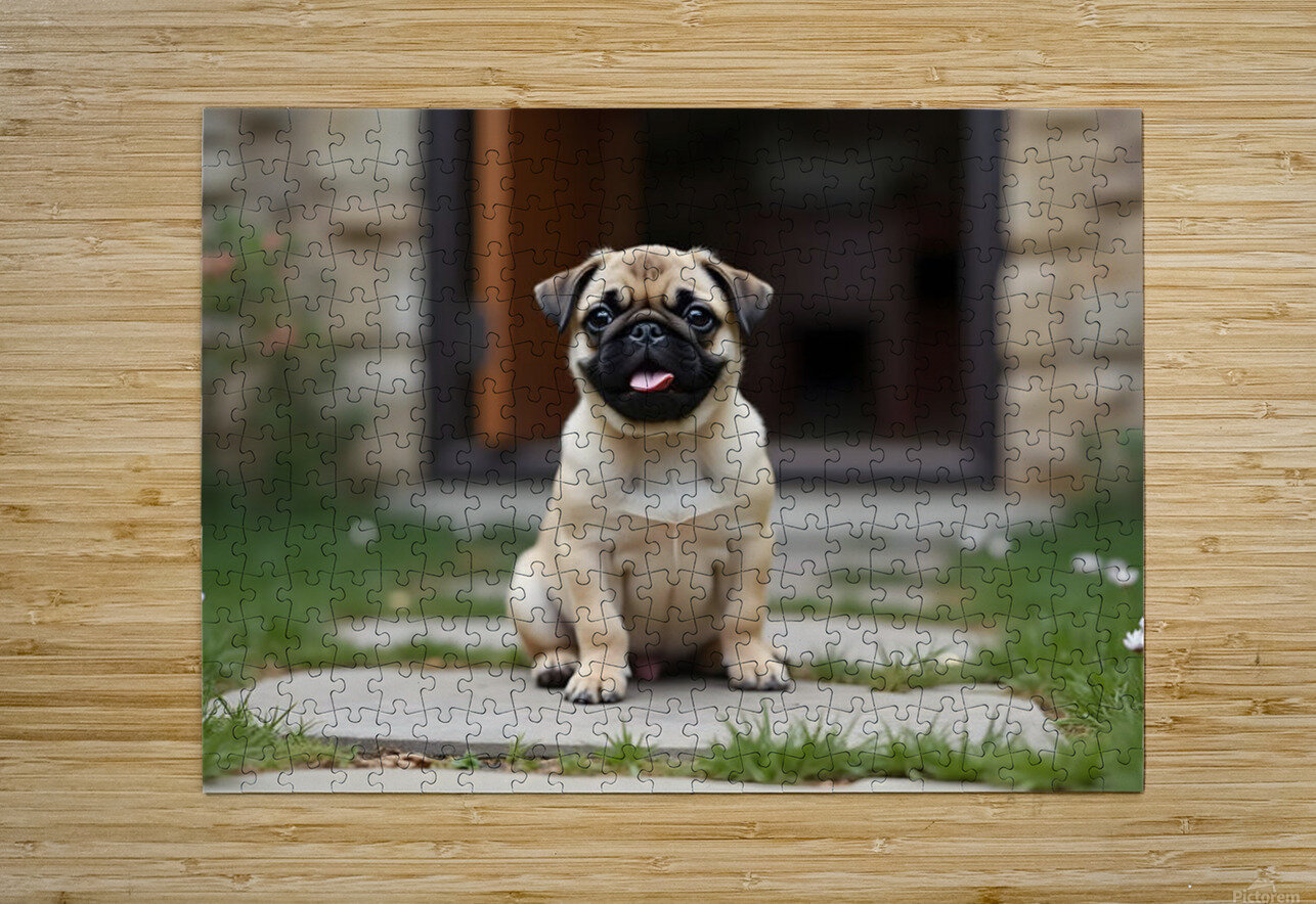 Tan and black Pug puppy with a wrinkled face sits proudly on a stone patio Puppy Prints Puzzle printing