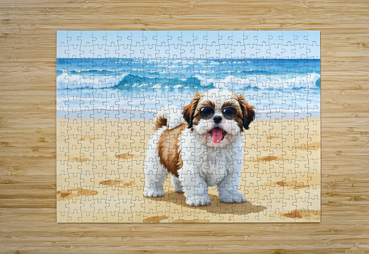 Shih Tzu Puppys First Beach Adventure With Cool Sunglasses Puppy Prints Puzzle printing