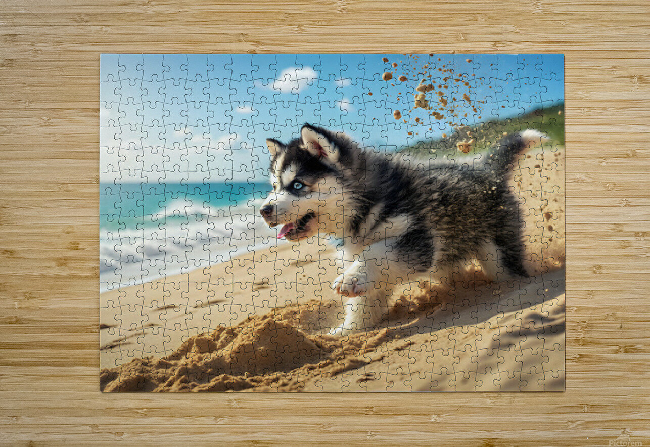Siberian Husky Puppy Discovers Sandy Beach Fun Puppy Prints Puzzle printing