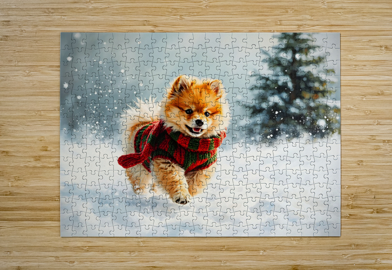 Pomeranian Puppy In Holiday Sweater Playing In Snow Puppy Prints Puzzle printing