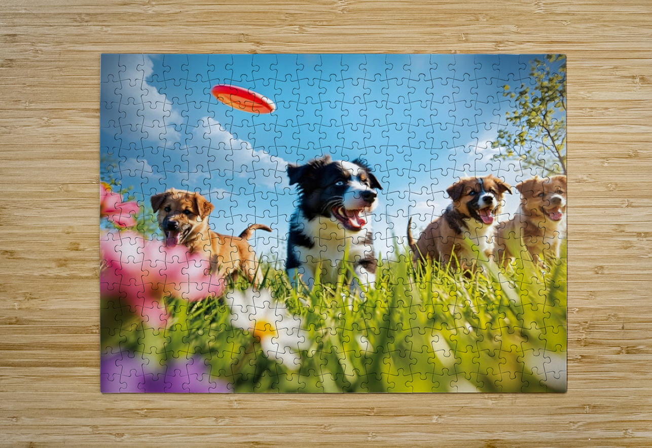 A black and white Border Collie puppy playing frisbee with his f Puppy Prints Puzzle printing