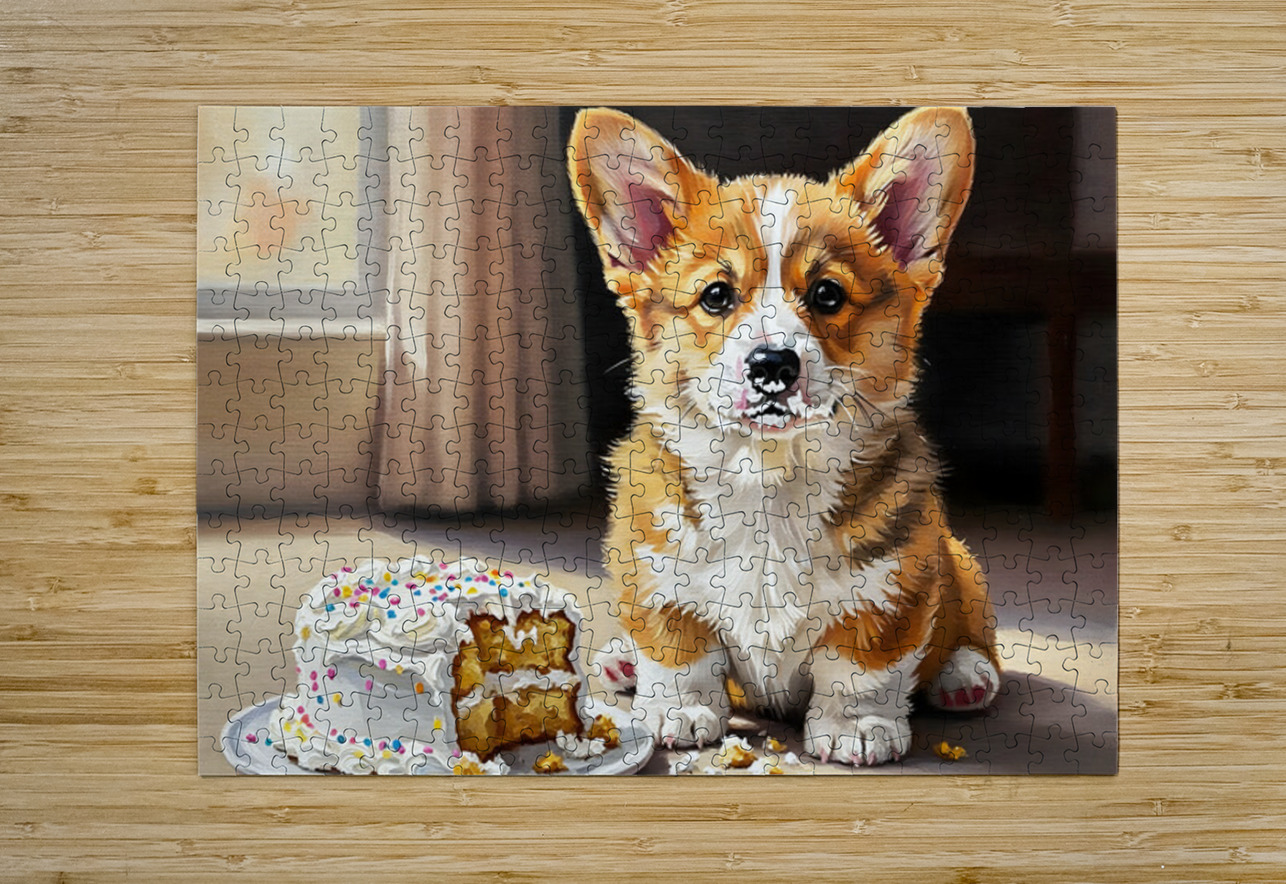 Happy Messy Corgi After Birthday Cake Puppy Prints Puzzle printing