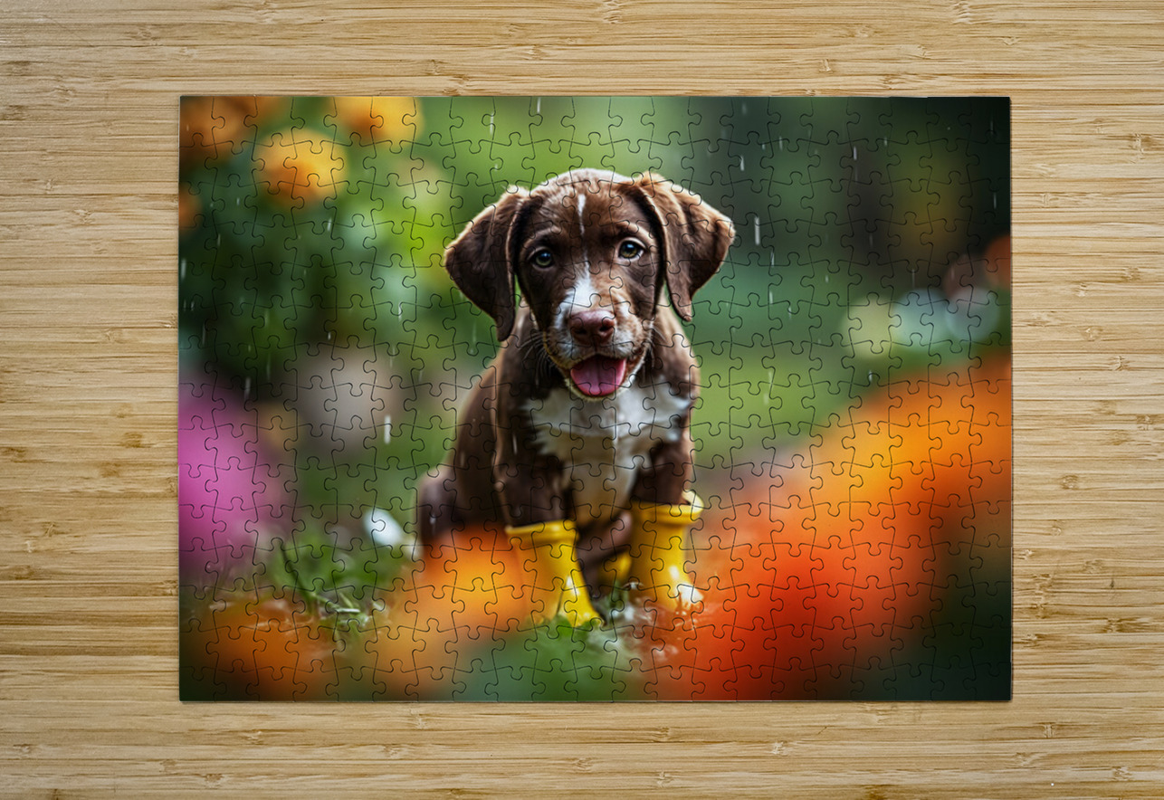 Happy German Shorthaired Pointer Puppy Rests In Rain Puppy Prints Puzzle printing