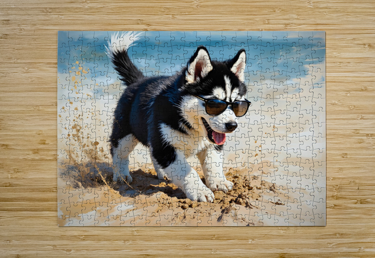 Husky Puppy Digging Excitedly In Beach Sand Puppy Prints Puzzle printing
