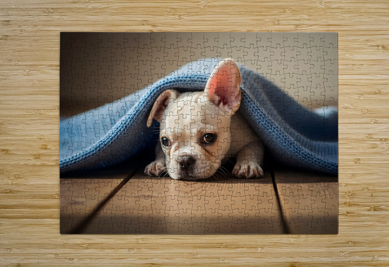French Bulldog Puppy Discovers Cozy Blanket Adventure Puppy Prints Puzzle printing