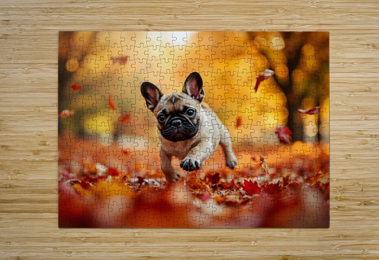 Pug Puppy Discovers Mountain Of Autumn Leaves Puppy Prints Puzzle printing