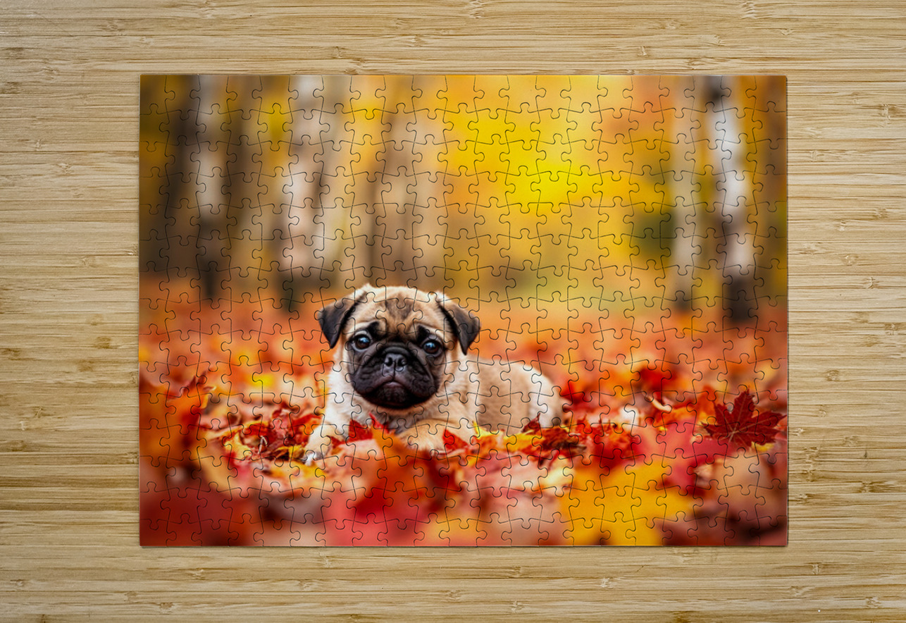 Pug Puppy Crowned With Autumn Leaf Victory Puppy Prints Puzzle printing
