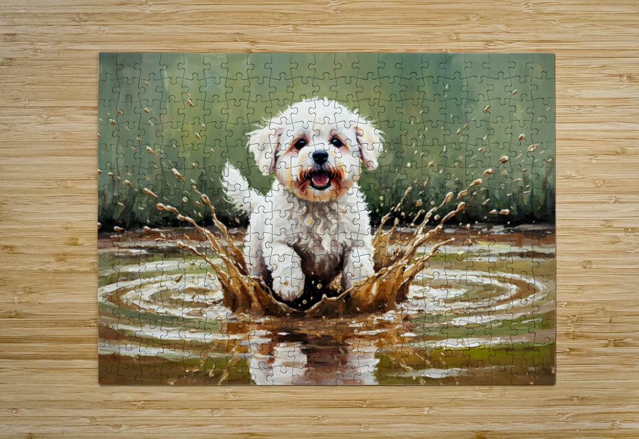 Muddy Bichon Frise Puppy After Puddle Adventure Puppy Prints Puzzle printing