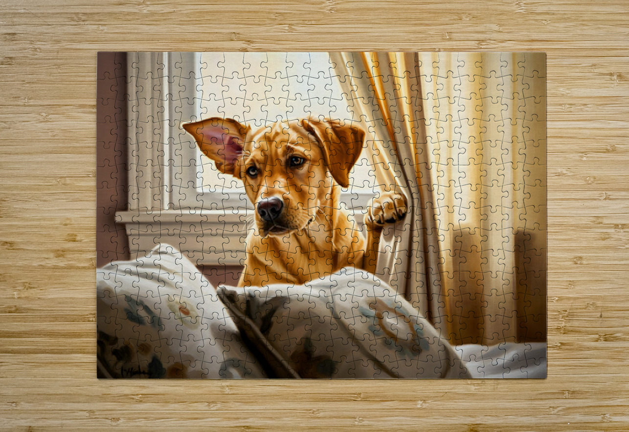 Curious Labrador Puppy Peeking Behind White Curtains Puppy Prints Puzzle printing