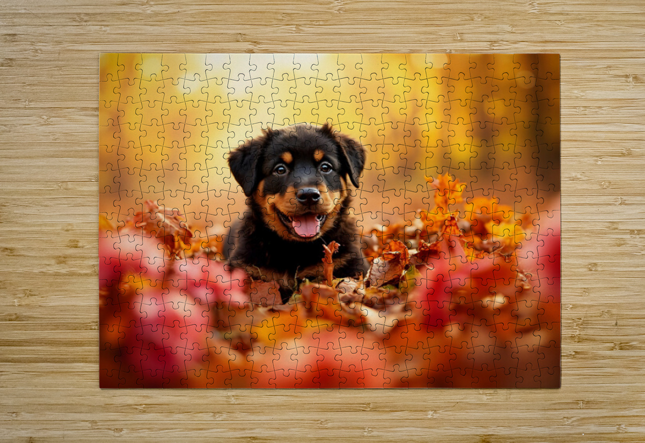 Tired Rottweiler Puppy Rests On Autumn Leaf Bed Puppy Prints Puzzle printing