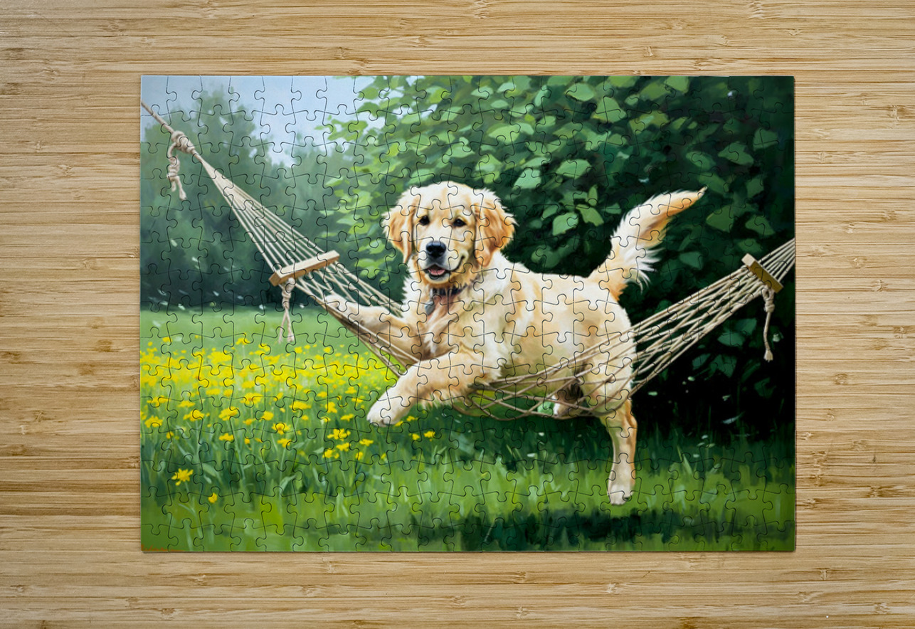 Golden Retriever Puppy Discovers Tiny Hammock In Garden Puppy Prints Puzzle printing