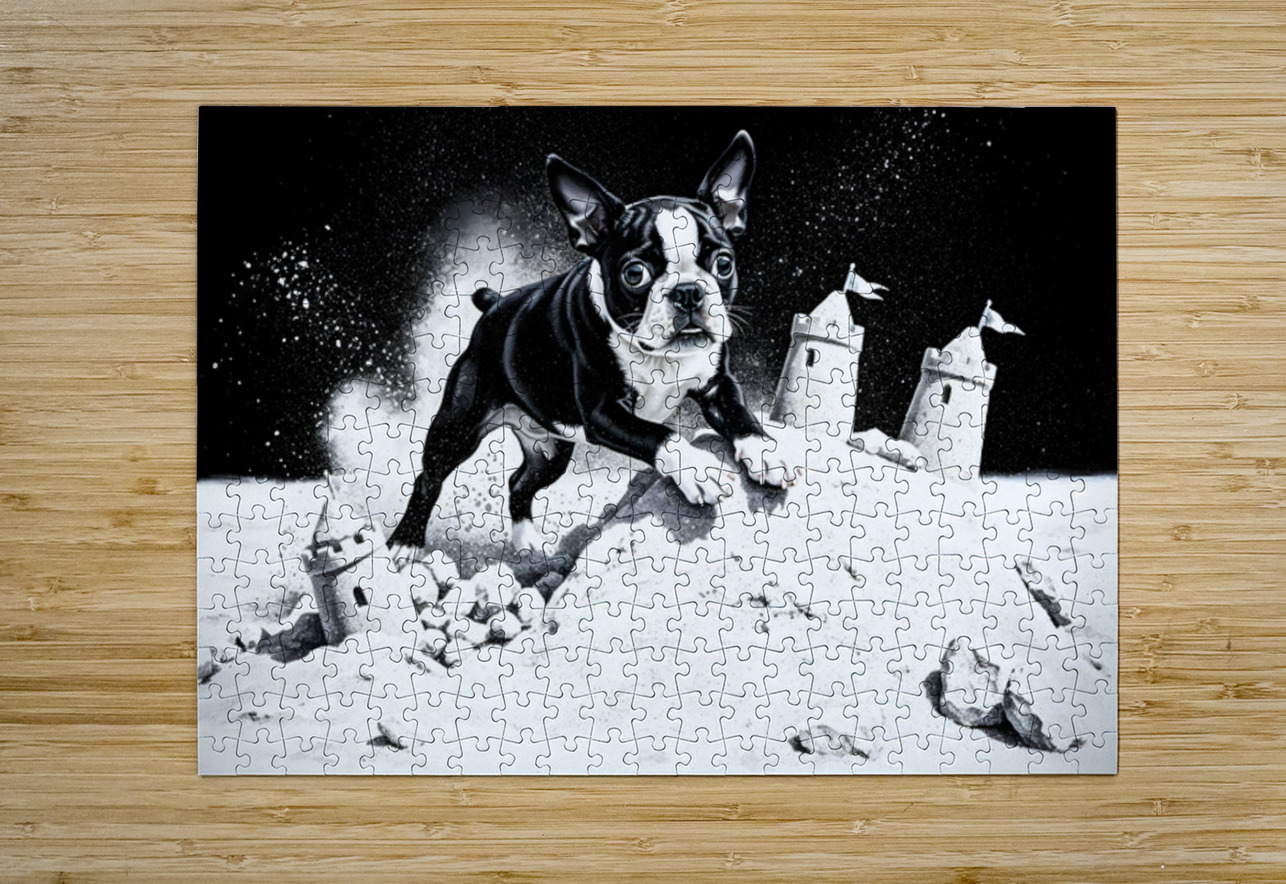 Boston Terrier Puppy Happy Despite Sandy Mess Puppy Prints Puzzle printing