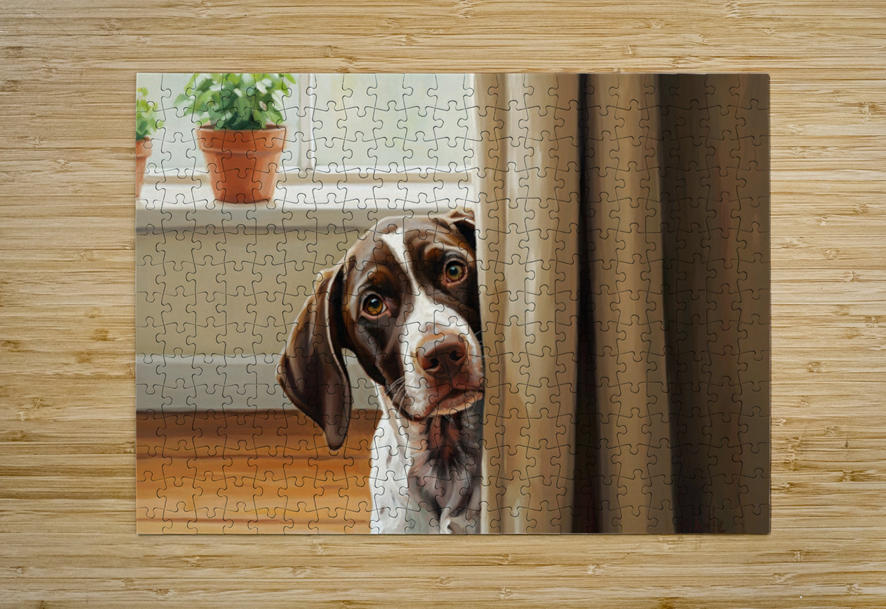 Happy Puppy Emerging From Curtain Hideout Puppy Prints Puzzle printing